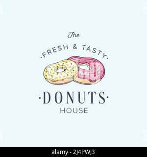 Donuts shop logo. Cafe or bakery emblem. Donut with lettering and small candies. Identity. Business Card Stock Vector