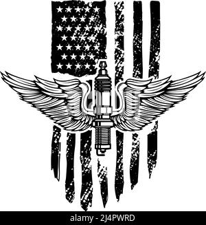 Winged spark plug on american flag background. Design element for logo, emblem, sign, poster, t shirt. Vector illustration Stock Vector