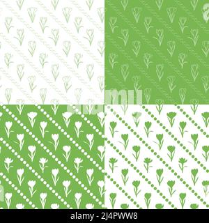 Set of seamless patterns with green crocus flowers, saffron. Vector background. Stock Vector