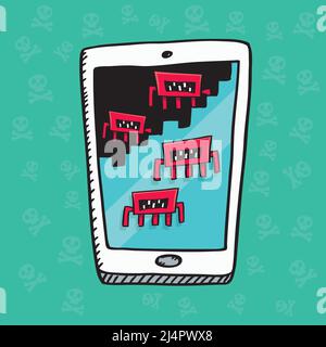 Hand drawn illustration of a mobile phone attacked by viruses erasing its memory. Sketch style vector. Stock Vector