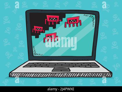 Hand drawn illustration of a laptop attacked by computer viruses erasing its memory. Sketch style vector. Stock Vector