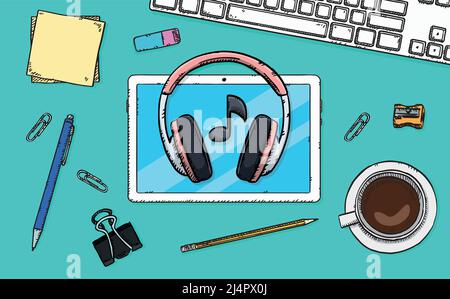 Hand drawn illustration of a tablet with headphones and note icon lying on a desk. Sketch style vector graphic Stock Vector