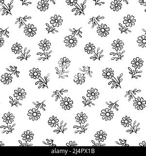 Black and White Hand Drawn Flower Vector Seamless Pattern Stock Vector