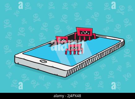 Hand drawn vector of a mobile phone attacked by viruses erasing its memory. Stock Vector
