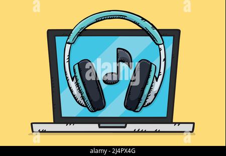 Vector illustration of a laptop with headphones and note icon on screen. Sketch style illustration. Stock Vector