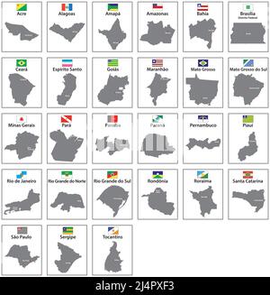 Vector maps with flags of the 27 states of Brazil Stock Vector