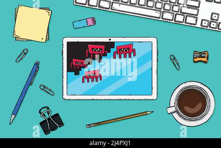 Hand drawn illustration of a tablet lying on a office desk and being attacked by viruses erasing its memory. Sketch style vector. Stock Vector