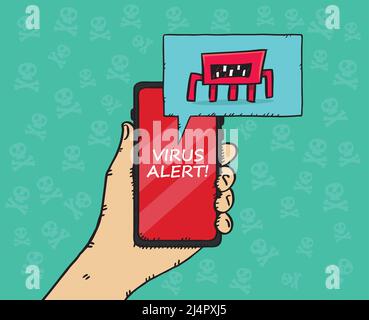 Hand drawn illustration of a hand holding a cell phone with a virus detection warning. Sketch style vector. Stock Vector