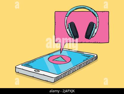 Vector illustration of a smartphone with a music app on the screen and a cloud with a headphone icon. Sketch style illustration. Stock Vector