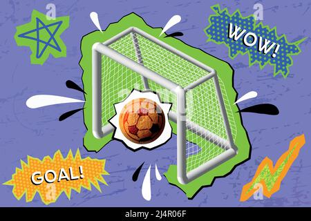 A ball flies into the gate. Scoring goal. Lilac background in pop art style, retro, comic Stock Vector