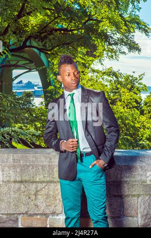 Urban Fashion. Dressing in a black blazer, green necktie, white undershirt,  green pants, a young black guy with mohawk hair is standing by a rocky fe Stock Photo