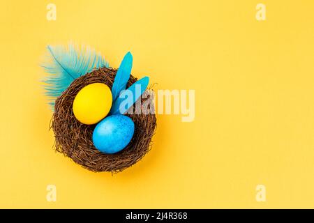 Happy Easter greetings card in blue and yellow colors. Easter eggs in the nest with feathers decoration Stock Photo