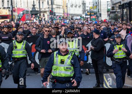 London, England, UK. 17th Apr, 2022. Hundreds of Crystal Palace fans are seen marching through Piccadilly to Wembley Stadium with police escort ahead of Chelsea game. (Credit Image: © Tayfun Salci/ZUMA Press Wire) Credit: ZUMA Press, Inc./Alamy Live News Stock Photo