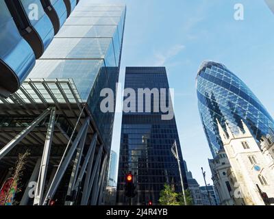 View looking up at The Leadenhall Building and The Lloyd's of London building in the City of London UK Stock Photo