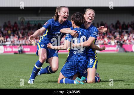 London, UK. 17th Apr, 2022. Ji So Yun (10 Chelsea) celebrates after scoring the second goal during the Womens FA Cup Semi-Final game between Arsenal and Chelsea at Meadow Park in Borehamwood, England Natalie Mincher/SPP Credit: SPP Sport Press Photo. /Alamy Live News Stock Photo