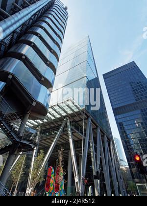 View looking up at The Leadenhall Building and The Lloyd's of London building in the City of London UK Stock Photo