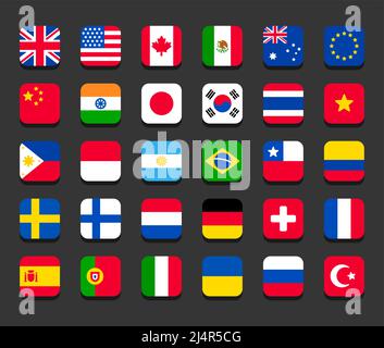 30 country flags set. Square icons with rounded corners. Simple stylized cartoon flat vector style. Stock Vector