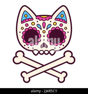 Cute cartoon Mexican painted cat skull and crossbones. Dia de los Muertos (Day of the Dead) drawing, vector illustration. Stock Vector