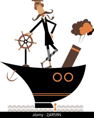 Cruise Ship Captain Cartoon Illustration in Sailor Uniform Riding a ...