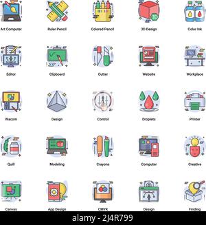 Art & Designing, drawing and web and graphic design icons set. flat Filled Outline vector illustration. Stock Vector