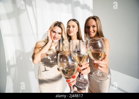 Young diverse women having fun together standing holding glasses drinking champagne cheers close-up looking camera smiling happy Stock Photo