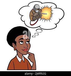 Black Woman thinking about Welding - A cartoon illustration of a Black Woman thinking about Welding for a living. Stock Vector