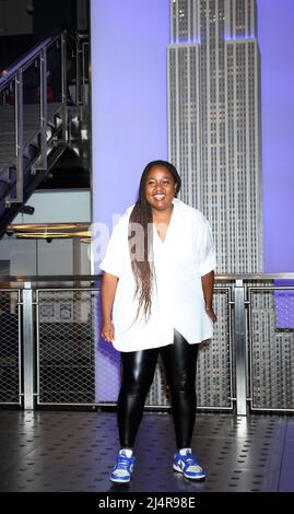 April Brown, Vice President Social Responsibility at Major League Baseball,  visits the Empire State Building in honor of Jackie Robinson Day, New York,  NY, April 15, 2022. (Photo by Anthony Behar/Sipa USA