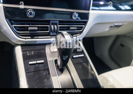 Porsche Macan car interior and gearbox shift handle Stock Photo