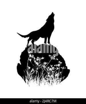 Silhouette of a wolf howling on a stone. Vector illustration Stock Vector