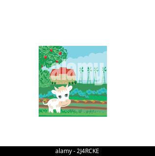Cow in Grass Field and Blue Sky Scene illustration Stock Vector Image ...