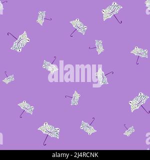Seamless pattern cute frog umbrella. Background of funny accessory shape head toad in doodle style. Repeated design texture for printing, fabric, wrap Stock Vector