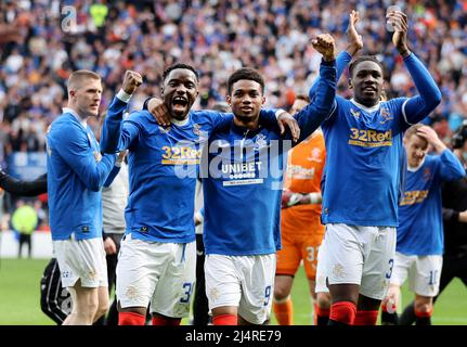 Rangers Amad Diallo (centre), Fashion Sakala (left) and Calvin Bassey (right) during the Scottish Cup semi final match at Hampden Park, Glasgow. Picture date: Sunday April 17, 2022. Stock Photo