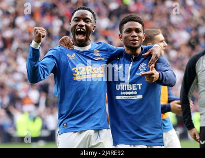 Rangers Amad Diallo (right) and Fashion Sakala (left) celebrate at full time after the Scottish Cup semi final match at Hampden Park, Glasgow. Picture date: Sunday April 17, 2022. Stock Photo