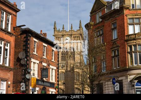 Wigan, England - United Kingdom - March 15th, 2022: Exterior of buildings in Wigan town center on a beautiful Spring morning. Stock Photo