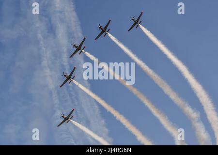 Gdynia, Poland - August 21, 2021: Flight of planes of the Polish air force Orlik aerobatic team at the Aero Baltic show in Gdynia, Poland. Stock Photo