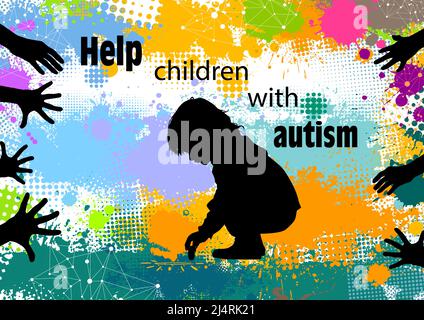 Help children with autism. Silhouette of a child drawing on the pavement. Vector illustration Stock Vector