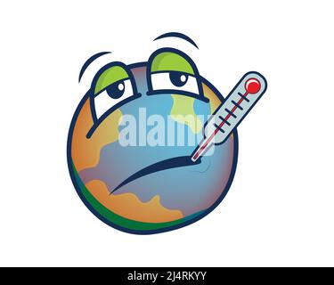 Sick Earth with Thermometer llustration with Cartoon Style Vector Stock Vector