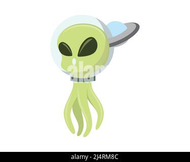 Cute and Sweet Alien with Flying Ufo Behind Illustration Vector Stock Vector