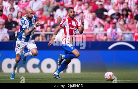 17 th april 2022; Stadium Wanda Metropolitano, Madrid, Spain; Men's La Liga Santander, Atletico de Madrid vs. RCD Espanyol; Renan Lodi Atletico de Madrid and Aleix Vidal of Espanyol 900/Cordon Press Credit: CORDON PRESS/Alamy Live News Stock Photo