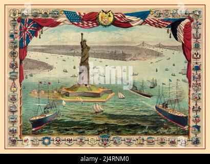 STATUE OF LIBERTY Vintage colour etching of The Statue of Liberty New York USA The gift of France to the American people . The Bartholdi Colossal Statue surrounded by all the seals of American states and territories.The statue was dedicated on October 28, 1886. Historic colour lithograph Stock Photo