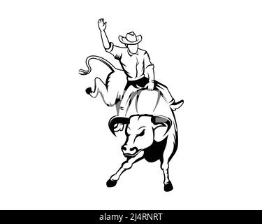 Rodeo or Cowboy Riding a Wild and Furious Bull Illustration with Silhouette Style Vector Stock Vector