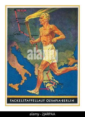 1936 Nazi Germany Berlin Olympics with Olympic torch being carried by masculine aryan blond runner sportsman from Olympia to Berlin Nazi Germany 'fackelstaffellauf Olympia-Berlin'  'TORCH RELAY OLYMPIA BERLIN' The 1936 Summer Olympics, officially known as the Games of the XI Olympiad and commonly known as Berlin 1936 or the Nazi Olympics, were an international multi-sport event held from 1 to 16 August 1936 in Berlin, Nazi Germany Stock Photo