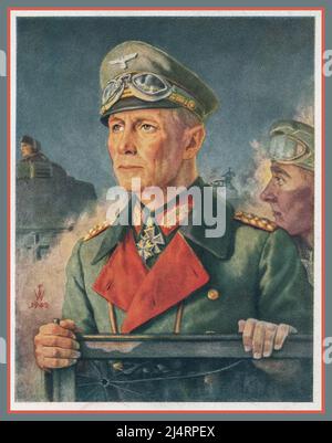 Vintage 1942 Field Marshall Erwin Rommel Poster card, a revered Nazi German hero and brilliant war strategist. 'The Desert Fox' of the North Africa campaign, wearing his Iron Cross medal with oak leaves swords and diamonds and the Pour le Merite Cross  WW2 World War II Second World War Painting Illustration Colour Stock Photo