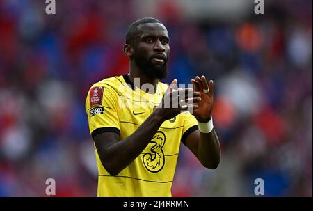 London, UK. 16th Apr, 2022. Antonio Rudiger (Chelsea) applauds the fans at the end of the game during the FA Cup Semi Final match between Chelsea and Crystal Palace at Wembley Stadium on April 17th 2022 in London, England. (Photo by Garry Bowden/phcimages.com) Credit: PHC Images/Alamy Live News Stock Photo