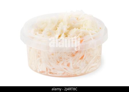 Sauerkraut with carrots in plastic container isolated on white Stock Photo