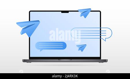 Horizontal Laptop Mockup with Speech Bubbles and Paper Planes. Vector illustration Stock Vector