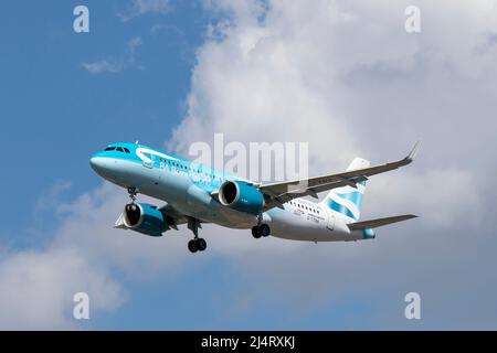 British Airways A320 Neo G-TTNA in BA Better World scheme landing at London Heathrow Airport 15th April 2022 Stock Photo