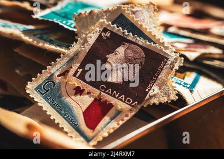 Close up image of old Canadian Postage Stamps Stock Photo