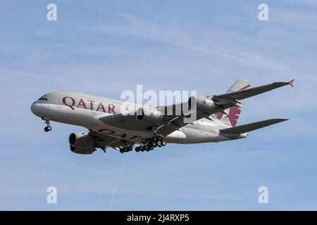 Qatar Airways Airbus A380 A7-APN landing at London Heathrow Airport 15th April 2022 Stock Photo