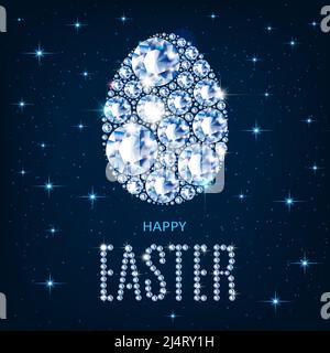 Easter egg richly decorated with diamonds. On a dark background neon color. Poster for the holiday. Vector Stock Vector